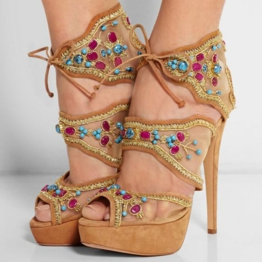 NIB  $1795 Charlotte Olympia Safari Jewel Arizona Platform Sandals Tan Size 9
